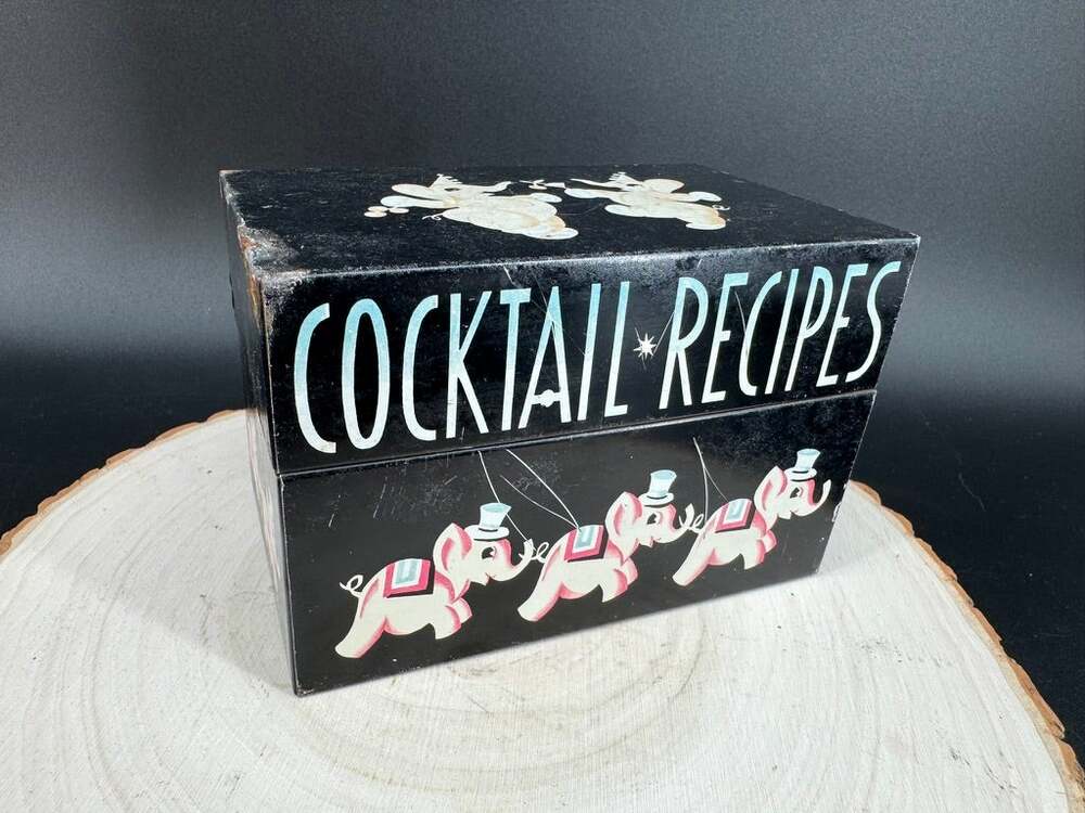 Vintage 1976 Mayfair Cocktail Recipes Tin Box Pink Elephants MCM Barware